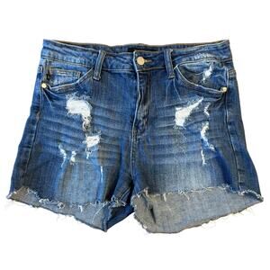 Judy Blue Los Angeles Midi Denim Shorts Distressed Raw Hem Women’s Size 28